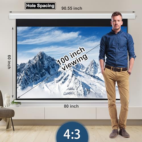 YODOLLA 100" Projector Screen Motorized 4:3, 4K HD Pull Down Retractable Projection Screens Electric Automatic Wall Ceiling Movie Screen for Office Classroom Indoor with Remotes…