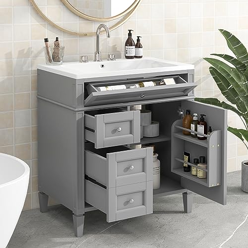 30inch Bathroom Vanity with Sink,Freestanding Bathroom Cabinet with 2 Drawers and a Tip-Out Drawer,Single Sink,Easy Assmebly,Vanity Sinks for Bathrooms with Small Spaces(White)