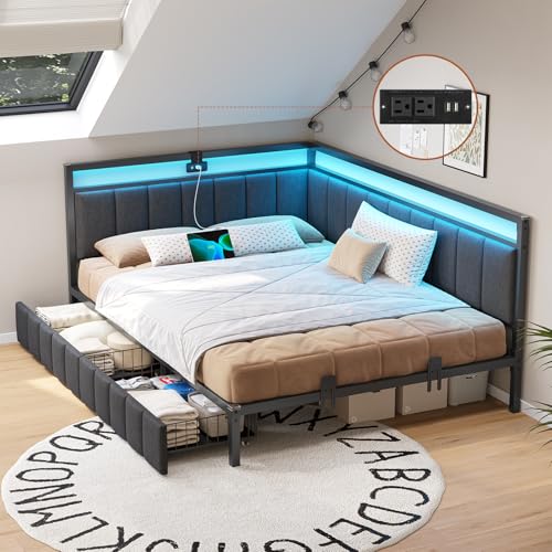 DICTAC Corner Full Bed Frame with 2 Storage Drawers and Charging Station Full Size Platform Bed Frame with Led Lights and Upholstered Guardrail Daybed for Living Room, Bedroom and Guest Room, Gray