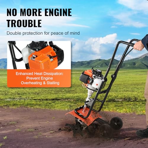 VEVOR Tiller Cultivator Gas Powered, 43CC 2-Stroke Garden Cultivator, Tiller with 4 Steel Adjustable Front Tines for Lawn, Garden and Field Soil Cultivation