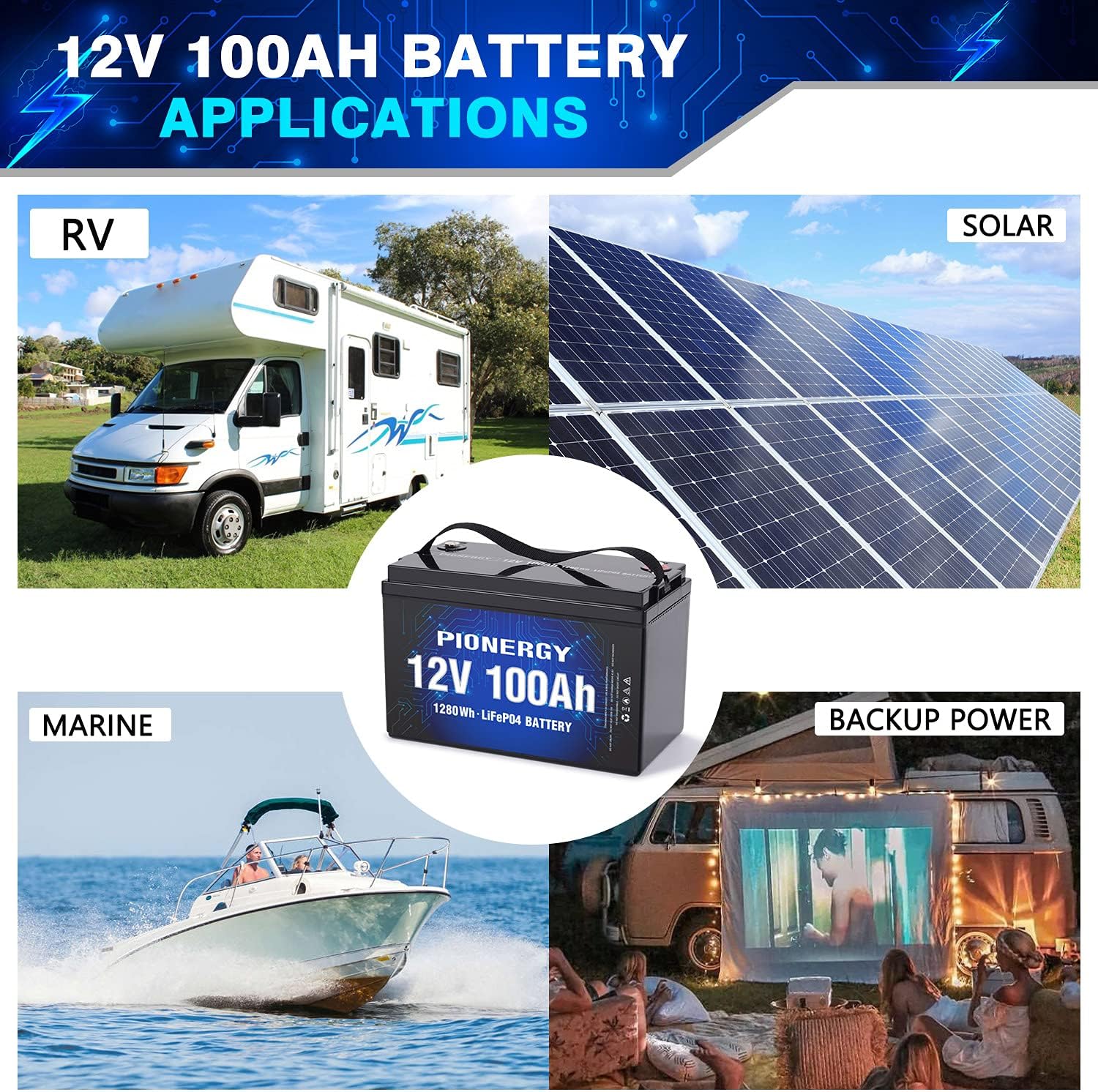 PIONERGY 12V 100Ah Lifepo4 Lithium Battery,12 Volt Lithium Battery with 100A BMS 1280Wh,100Ah 12V Lifepo4 Battery Perfect for RV,Solar, Marine,Off-Grid Applications