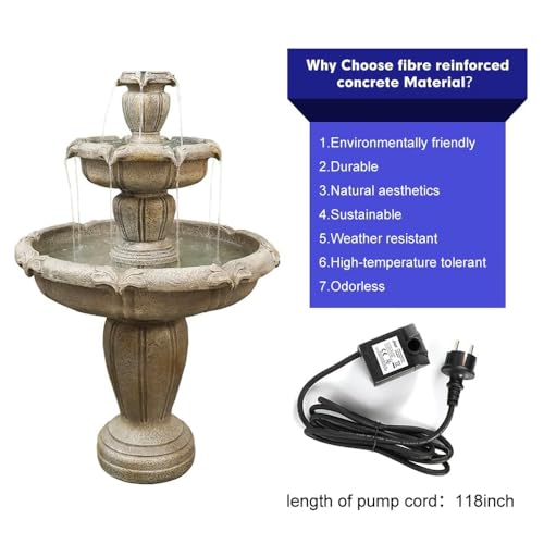 48” H Outdoor Floor Water Fountain, 3-Tiers Concrete Water Fountain with Submersible Electric Pump - Garden Cascading Waterfall for Yard Patio Lawn Home Decor
