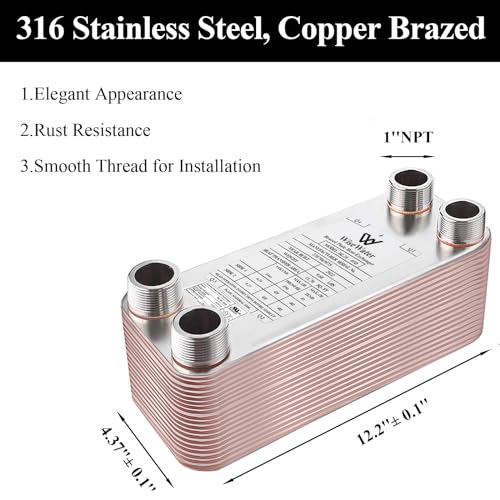 Heat Exchanger Plate Copper/SS316L 10-100 Plates 4"x12" MPT 1" Floor Heating, Snow Melting, Water Heating