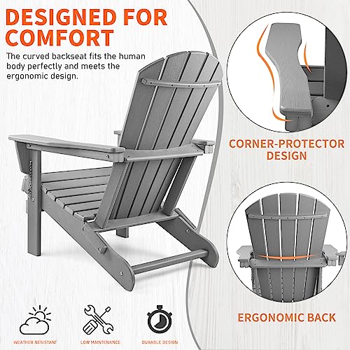 Folding Adirondack Chairs Set of 2, Plastic Adirondack Chairs Wood Texture, Fire Pit Chairs for Outside, Weather Resistant Composite Adirondack Chair with Cup Holder