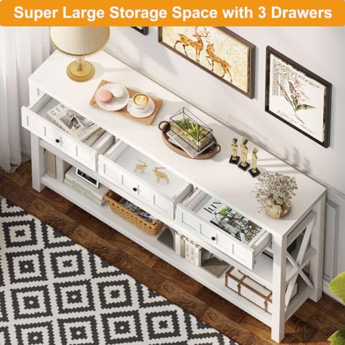 FATORRI Industrial Console Table for Entryway, Rustic Sofa Table with Shelf and 3 Drawers for Living Room, Farmhouse Foyer Table and Couch Table Behind Sofa (54.72 Inch Long, Walnut Brown)