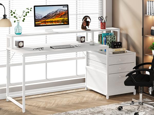 Tribesigns 63 Inch Computer Desk with File Drawer Cabinet, Ergonomic Office Desk with Monitor Stand, Industrial Computer Table with Printer Space, Wood PC Table Workstation Desk for Home Office