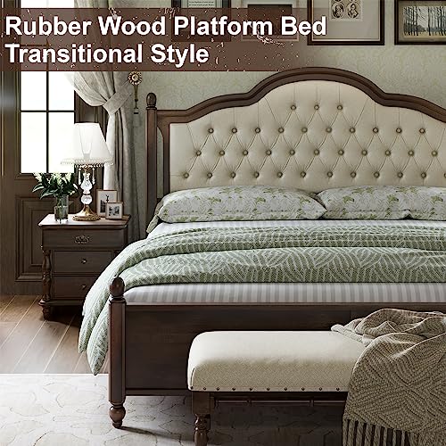 Solid Bed Frame Queen Size, Transitional Platform Bed with 52.5"" Upholstered Tufted Headboard, Rubberwood/Roman Column Accents/Wood Slat Support/No Box Spring Needed,bed frame, Walnut