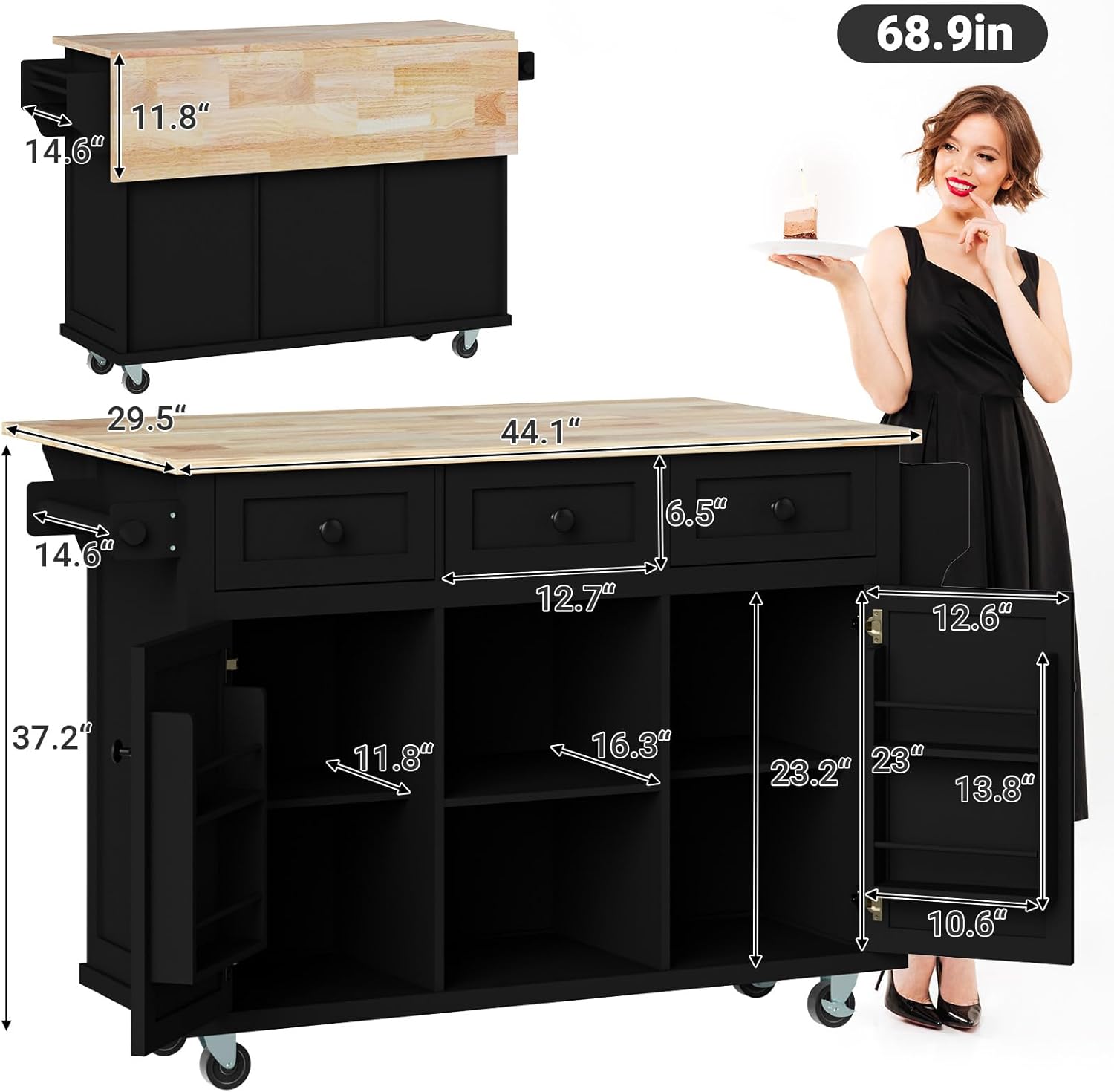 Rolling Kitchen Island with Drop Leaf Rolling Mobile Kitchen Island with Storage 53in Wood Portable Island for Kitchen,with Drawer and Storage Cabinet, Spice Rack, Towel Rack, Black