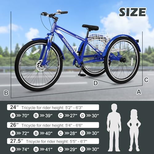 Vanell Adults Mountain Tricycles, 7-Speed 3-Wheeled Mountain Bikes 24/26/27.5inch & Basket, Front Suspension, Disc Brakes for Safe & Fast Braking
