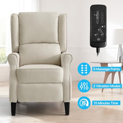 Vintage Wingback Recliner with Massage, Modern Linen Fabric Pushback Recliner for Living Room and Bedroom with Side Pockets, Wooden Legs(Beige)