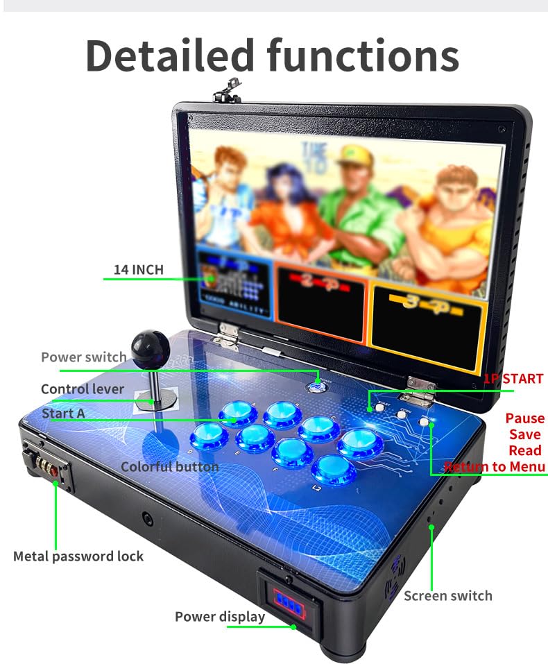 Pandora Arcade Portable Retro Video Game Player Built-in 20000+ Classic Games 14 inch LED Integrated Recreation Arcade Emulator Console Compatible with FBA/N64/Arcade/MAME
