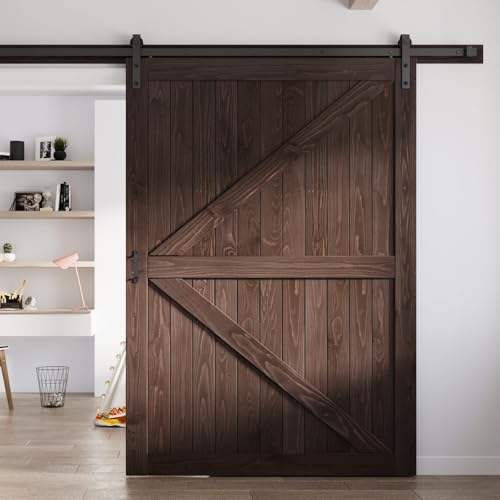 FREDBECK 36in x 84in Brown Barn Door with 6.6ft (79inch) Barn Door Hardware Track Kit and Handle Included, Double Surfaces,Simple Assembly is Required,K-Frame,Coffee