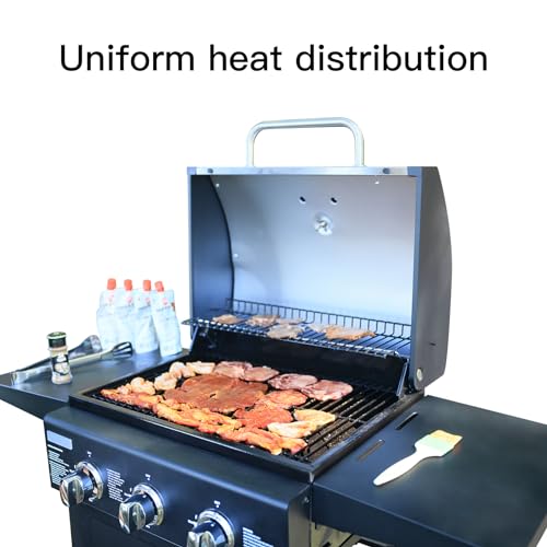 Grill. 3 burner gas grill, Propane Grill, bbq grill with thermometer, gas grill outdoor for small gatherings, 30000 BTU barbecue grill with Foldable Rack.