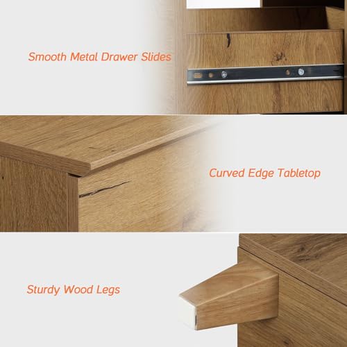 WAMPAT TV Stand with 6 Drawers for 55 Inches TVs & 1 End Table with 2 Drawers and Charging Station for Bedroom, 2 Pieces Modern Wood Living Room Funiture Table Sets, Oak Brown