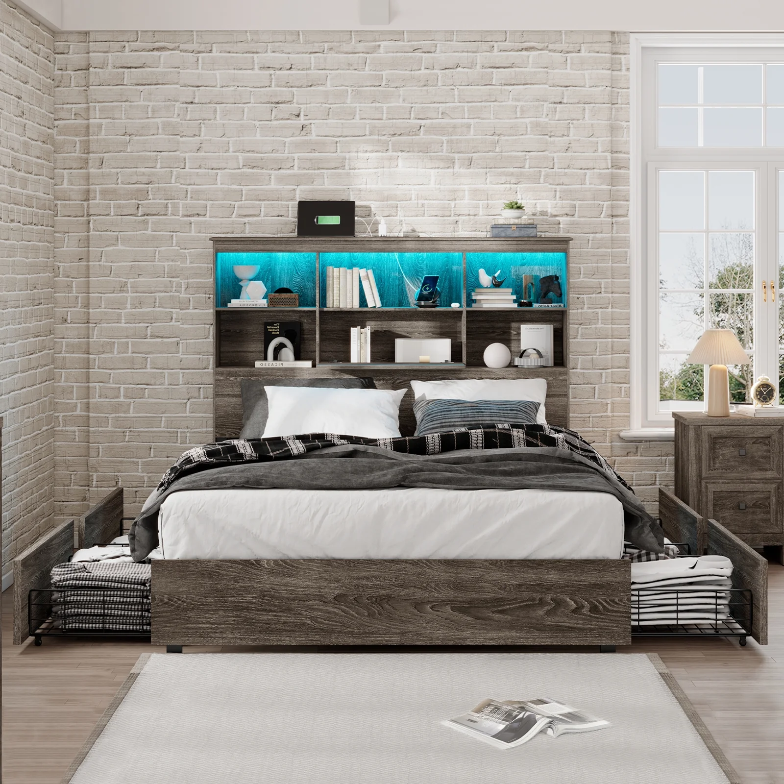 LUXOAK Queen Size Bed Frame with LED Bookcase Headboard, Wooden Storage Bed with Charging Station & 4 Drawers, No Box Spring Needed/Noise-Free/Rustic Grey