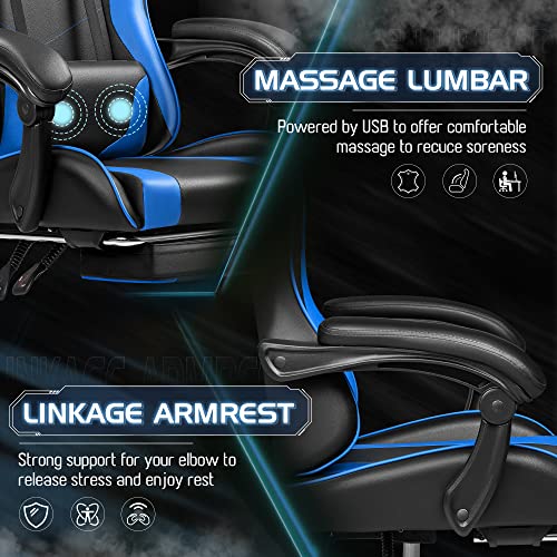 Homall Gaming Chair, Video Game Chair with Footrest and Massage Lumbar Support, Ergonomic Computer Chair Height Adjustable with Swivel Seat and Headrest (Blue, RGB)