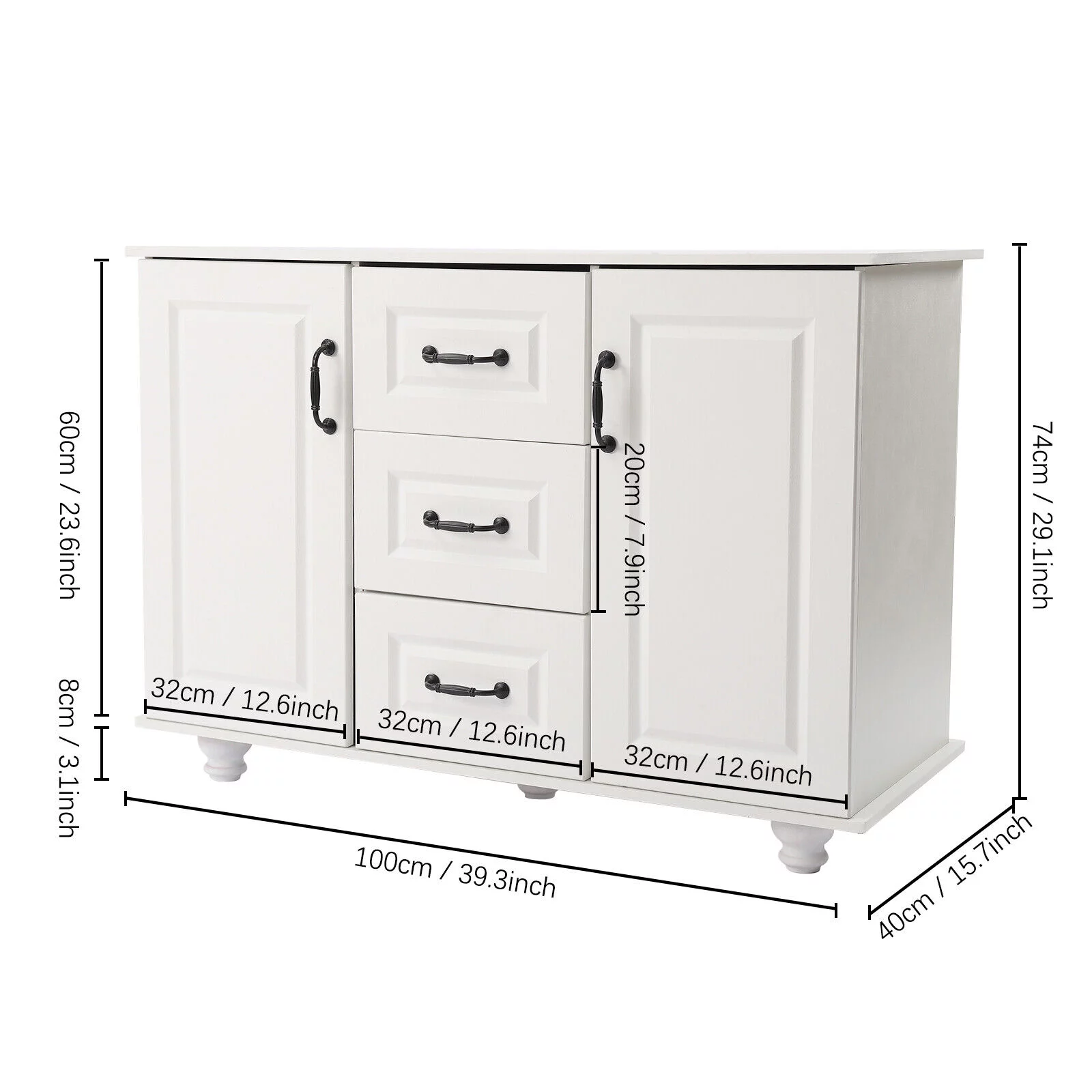 White Kitchen Storage Cabinet Wooden 3 Drawers 2 Door Cupboard Free Standing
