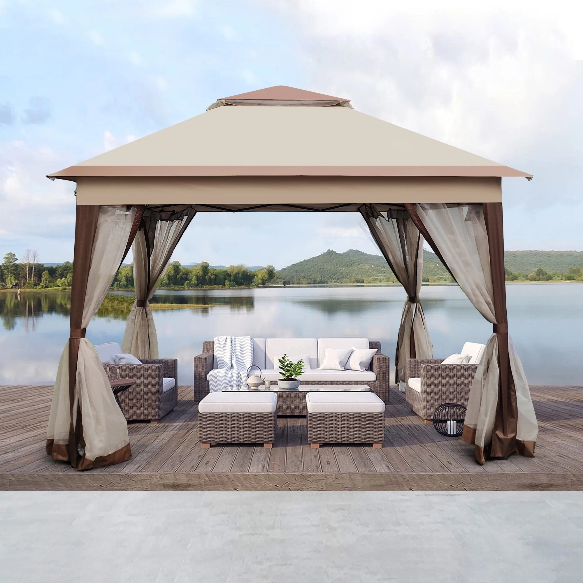 CoSoTower Outdoor 11X 11FT Pop Up Gazebo Canopy with Removable Zipper Netting, 2-Tier SoFT Top Event Tent, Suitable for Patio Backyard Garden Camping Area with 4 Sandbags, Coffee