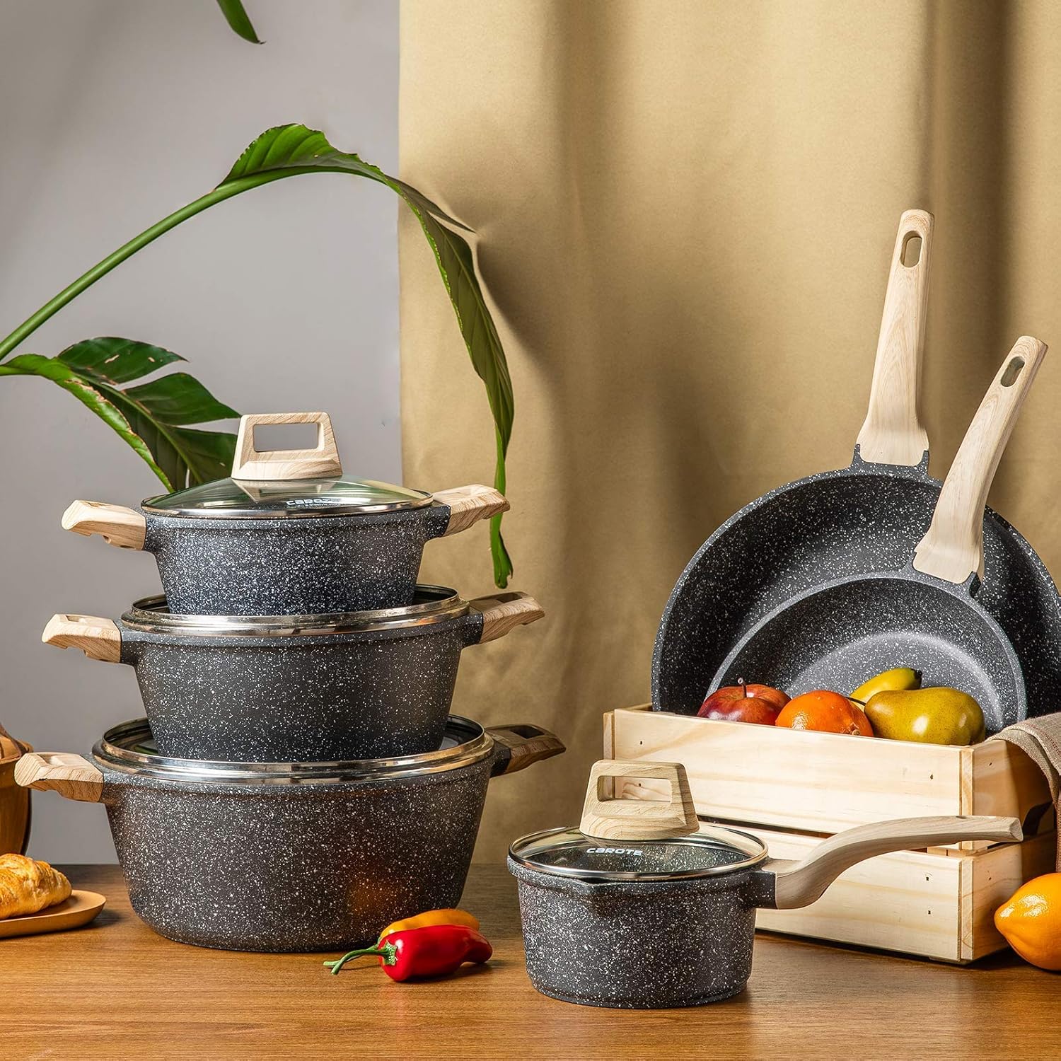 Carote Nonstick Cookware Set,10 Pcs Nonstick Cookware Set Pan and Pot, Essential Woody, Classic Granite