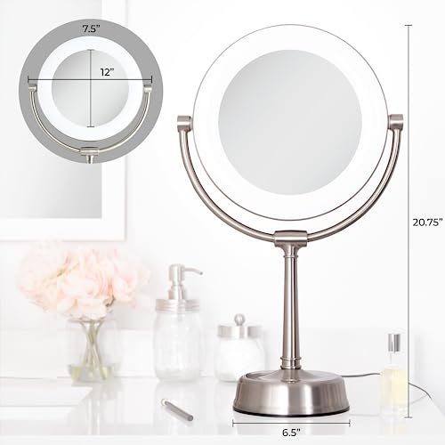 Zadro Lexington LED Lighted Makeup Mirror with Magnification Two-Sided Swivel Mirror with Lights for Makeup Desk Vanity (10X/1X, 12" W x 20" H, 10" Head, 7.5" Mirror, Satin Nickel)