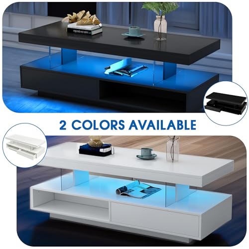 LED Coffee Table with Storage, LED Coffee Tables for Living Room, High Gloss Coffee Table with LED Lights, Modern Center Table with Open Display Shelf & 2 Sliding Drawers (Black)