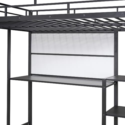 Merax Full Size Mental Loft Bed Frame with Desk and Whiteboard,3 Shelves and Ladder for Bedroom for Boys Girls Adult,Black
