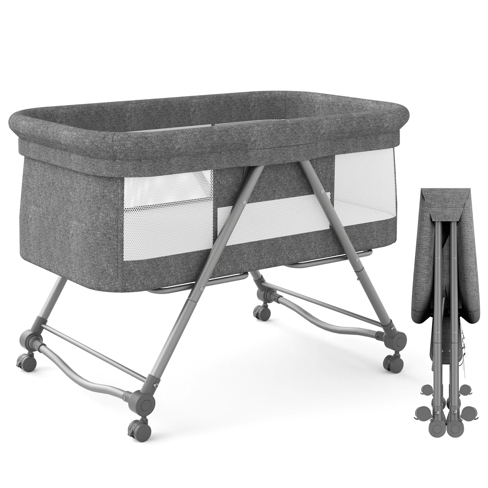 XJD Baby Bassinet Portable Folding Rocking Bassinet for Baby 2-in-1 Rocking Cradle Bassinet for Newborn Infant Crib Toddler Bassinet with Storage Basket, Travel Bag, Gray