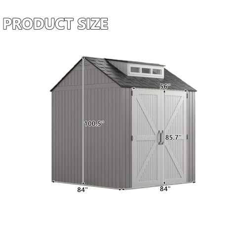 Large Resin Outdoor Storage Shed with Floor (7-10.5 Ft) - Weatherproof Double Wall Construction for Lawn Mowers, Garden Tools, Bike & Pool Supplies, Lockable (Brown, 7x7 FT)