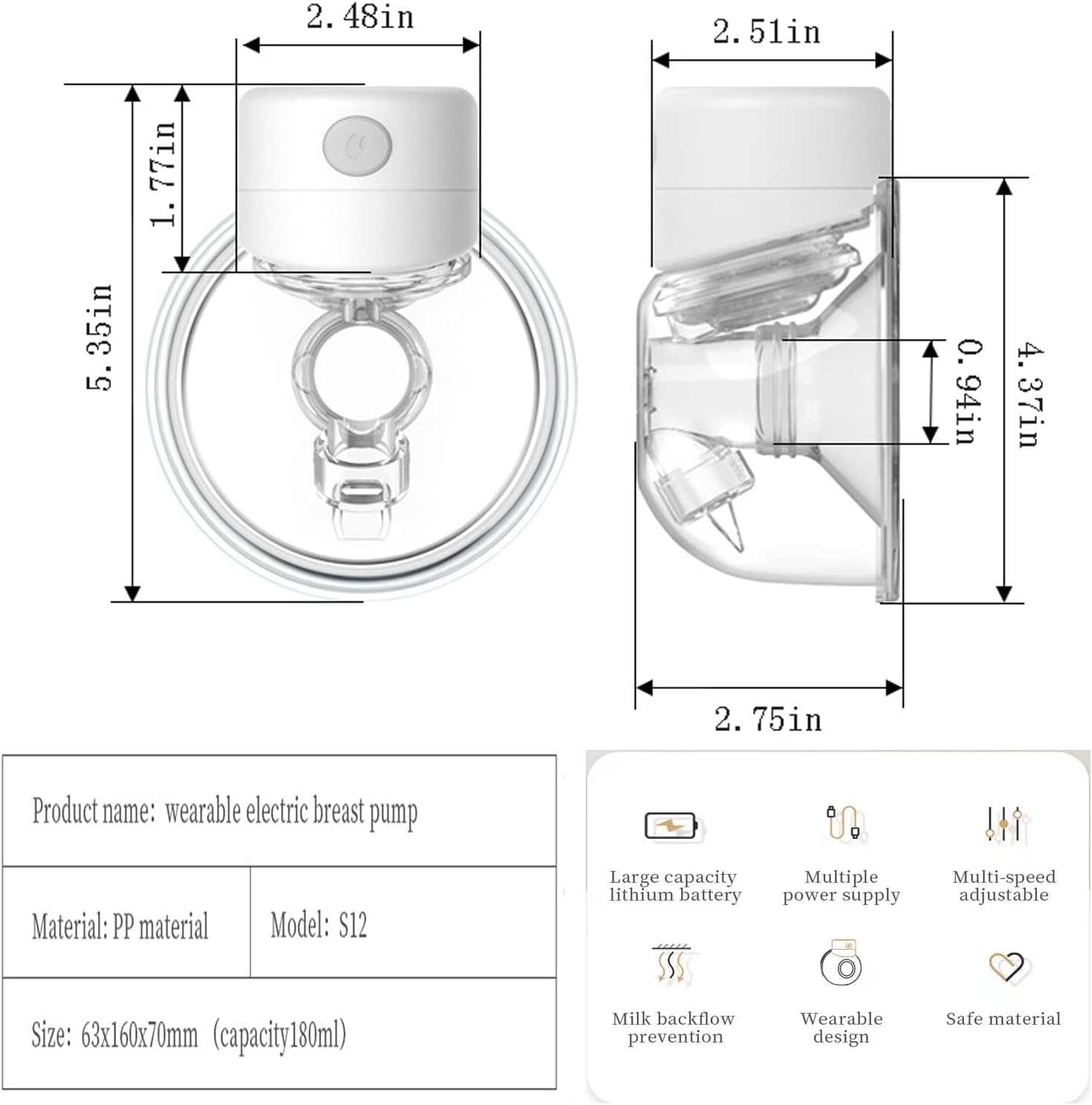 MKKJ Wearable Breast Pump S12, LCD Hands Free Breast Pump, Low Noise & Painless Electric Breast Pump with 2 Mode & 9 Levels, Portable Breastfeeding Breast Pump Can Be Worn in-Bra, 24mm Flange Pack of 2