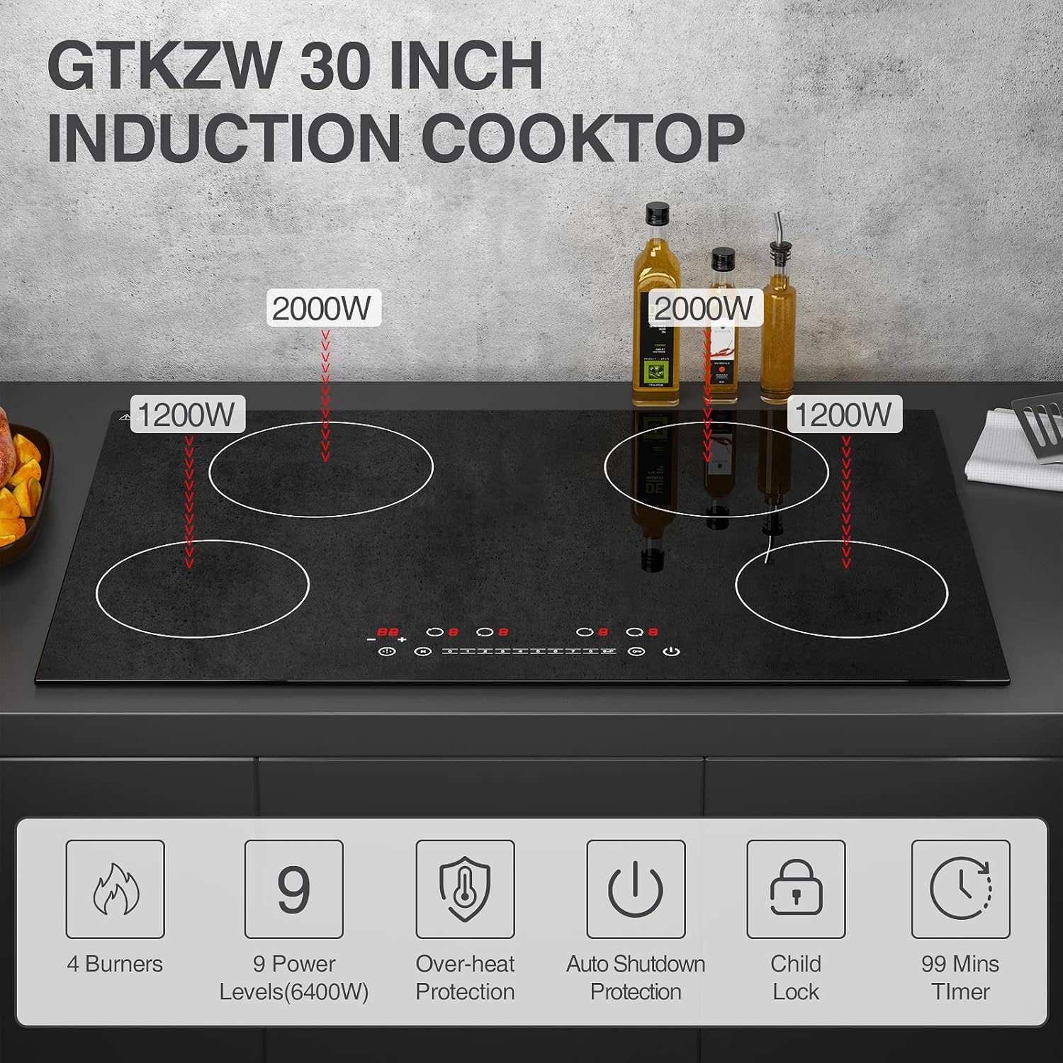 Induction Cooktop 30 Inch, GTKZW 6400W Electric Cooktop 4 Burners 220v,Built-in Electric Stove Top, LED Touch Screen, 9 Heating Level, Kid Safety Lock, Keep Warm Function,Hardwired, no Plug