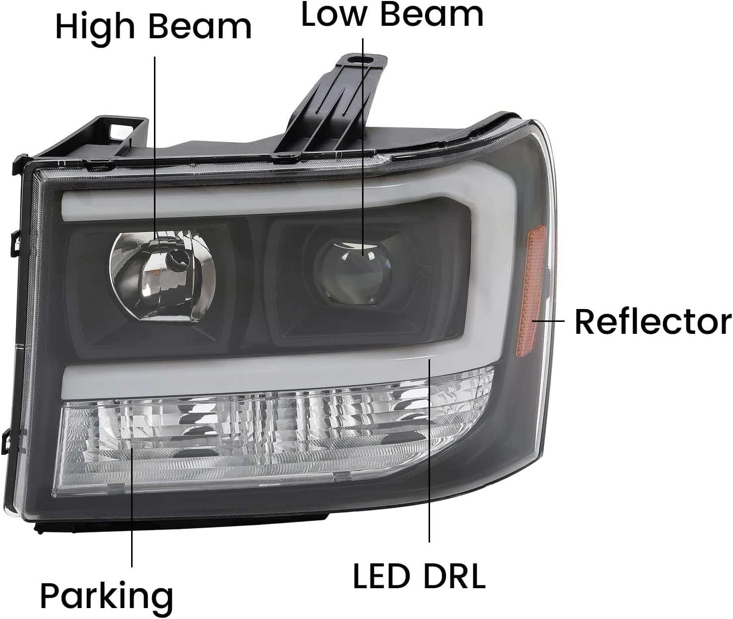 HECASA LED Projector Headlights Compatible with 2007-2014 GMC Sierra 1500 2500HD 3500HD LED Tube Bar Replacement for GM2502283 GM2503283 Headlamps Assembly Clear Lens Black Housing