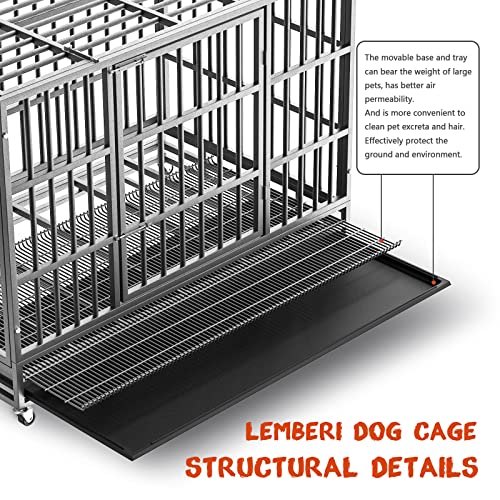 LEMBERI 48/38 inch Heavy Duty Indestructible Dog Crate, Escape Proof Dogs Cage Kennel with Lockable Wheels,High Anxiety Double Door Kennel,Extra Large Crate Indoor for Large Dog with Removable Tray