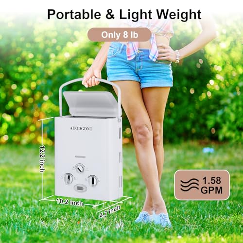 Portable Propane Tankless Water Heater 1.58 GPM, Lightweight Instant Hot Water Heater with LED Display and 3-Mode Shower Head, Suitable for RV Camping Shower, 6L