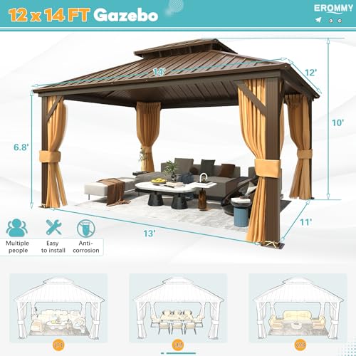 EROMMY 14'x20' Hardtop Gazebo Double Roof Galvanized Steel Canopy Outdoor Aluminum Frame Permanent Metal Pavilion with Netting and Curtains for Patio Backyard Deck and Lawns