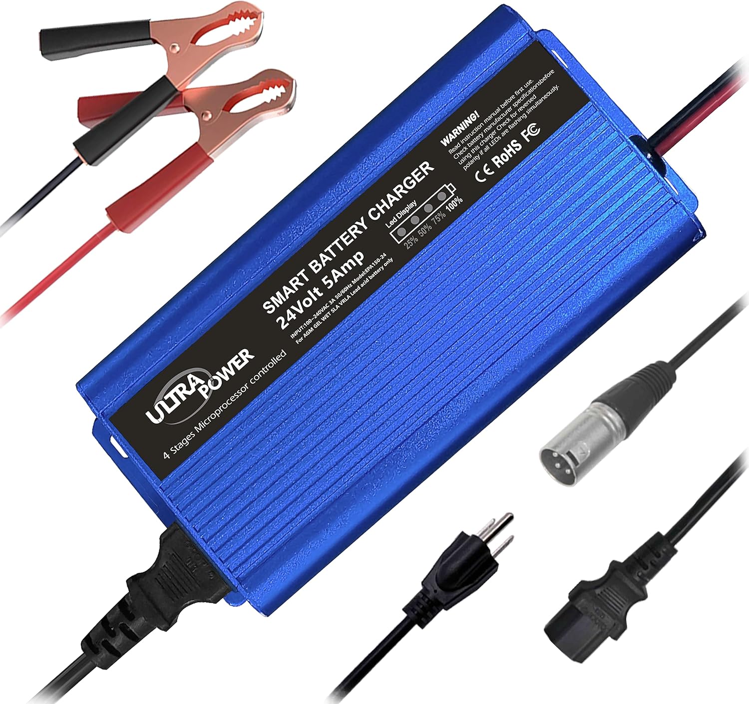 ULTRAPOWER 24 Volt Battery Charger Automatic Smart Charger 5-Amp Trickle Battery Charger Maintainer desulfator for Car Truck Marine Boat Truck Wheelchair with I/O Switch,3-Pin XLR Alligator Connector
