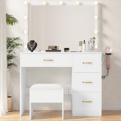YITAHOME Vanity Desk with Mirror and Lights, Makeup Vanity Set with 11 Bulbs Light, Power Outlet, 4 Drawers and Vanity Stool
