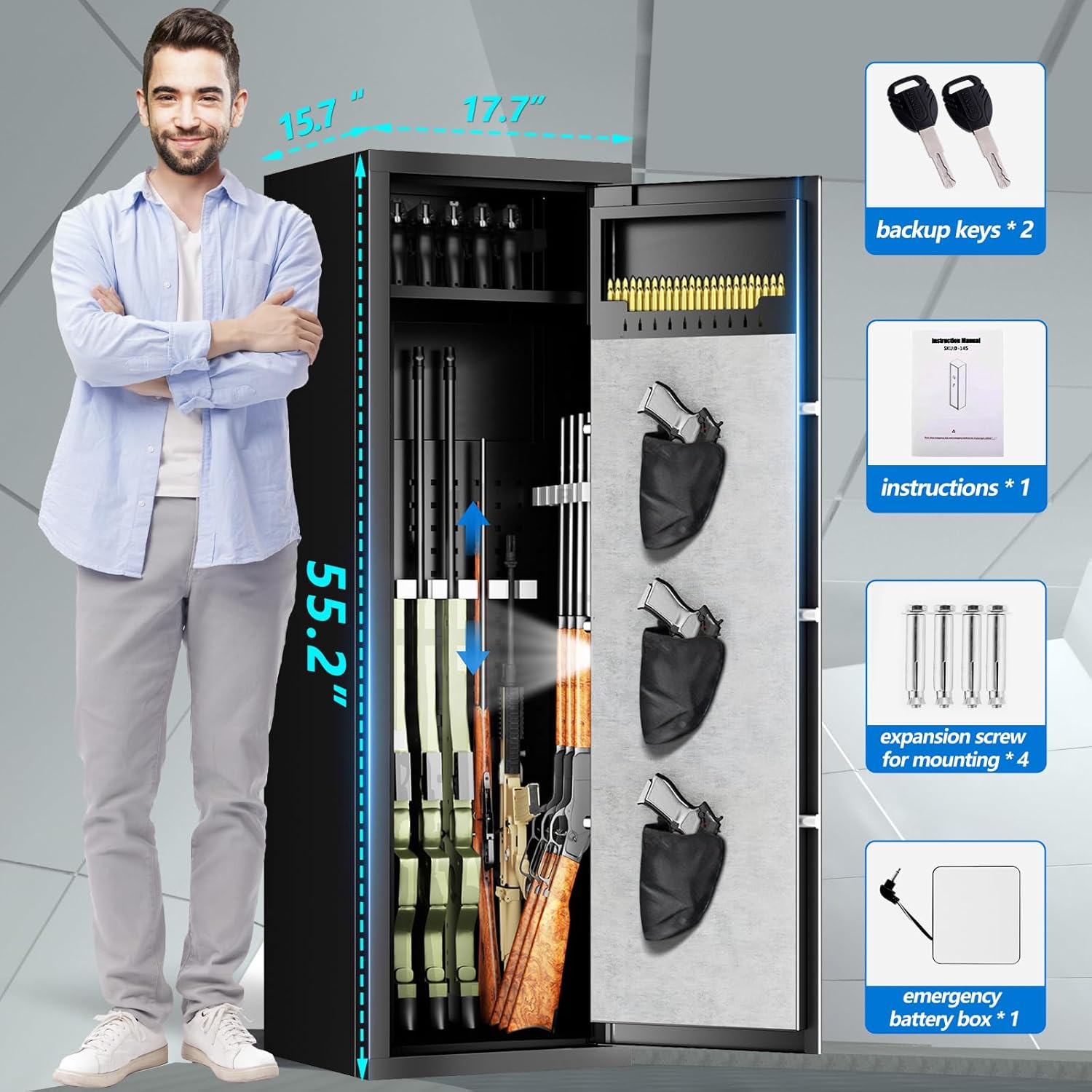 10-15 large Unassembled Gun Safe,Fingerprint Quick Access Gun Safes for Home Rifle and Pistols,Gun Safe&Cabinet with Removable Shelf and Pistol Bag, Rifle Safe with Dual Alarms & Silent Mode.