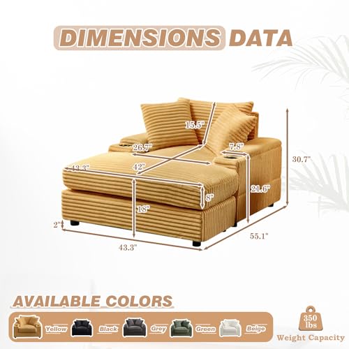 Oversized Chaise Lounge Chair Indoor with Ottoman,43.3" W Corduroy Upholstered Modern Sofa Couch with Storage Spaces&Cup Holder,Comfy Reclining Sleeper Chair for Living Room,Office(Green)