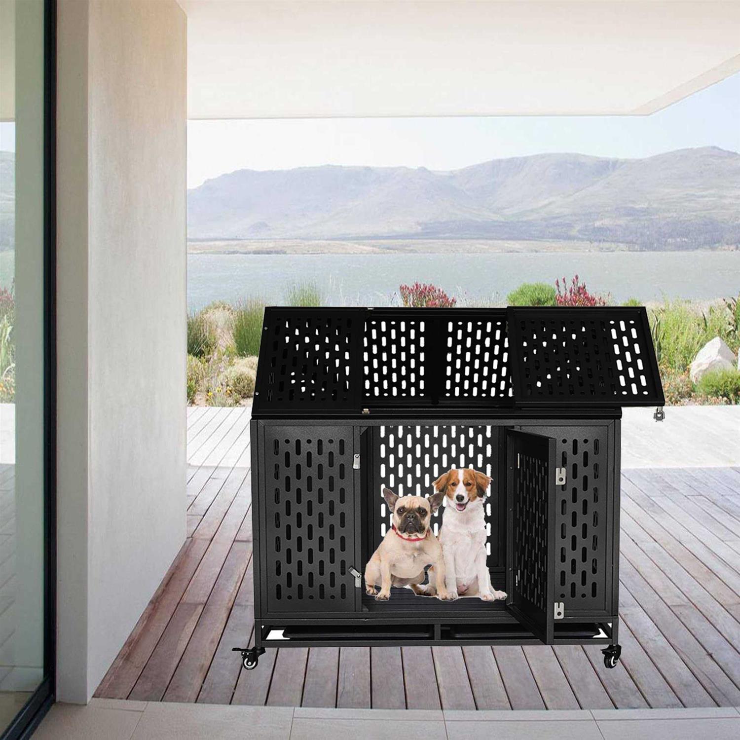 JINTANGLI PET Heavy Duty Dog Crate Cage Kennel, Roof Large Strong Metal Playpen for Large Medium Dogs with Four Sturdy Locks and Four Lockable Wheels - Pet Supplies online store