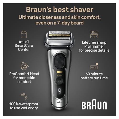 Braun Series 9 PRO+ Electric Razor for Men, 5 Pro Shaving Elements and Shave-Preparing ProComfort Head for Closeness & Skin Comfort, 6in1 SmartCare Center, Wet or Dry Use, Charging Stand, 9597cc