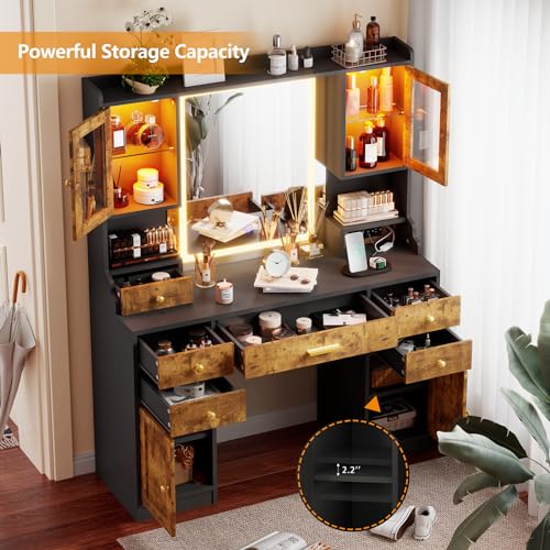 White Makeup Vanity Desk with Mirror and Lights, Large Vanity Table Set with Charging Station, Dressing Table with RGB Cabinets, Makeup Vanity Mirror with Lights Desk and Drawers, 3 LED Lights Modes