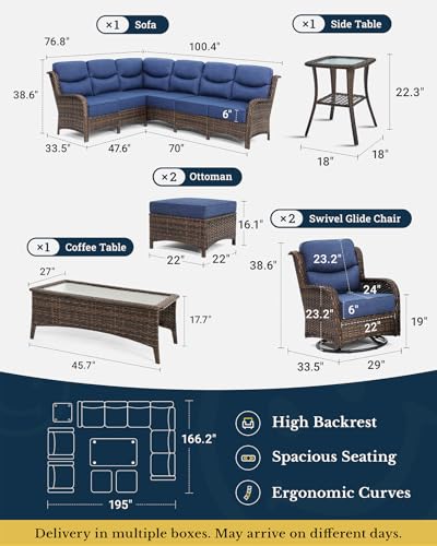 Luxury Patio Furniture Set with 6-inch Thick Cushion, Outdoor Couch and High Back Swivel Rocker Patio Chairs, 7PCS Wicker Conversation Set for Deck, Yard, and Poolside in Blue (V2)