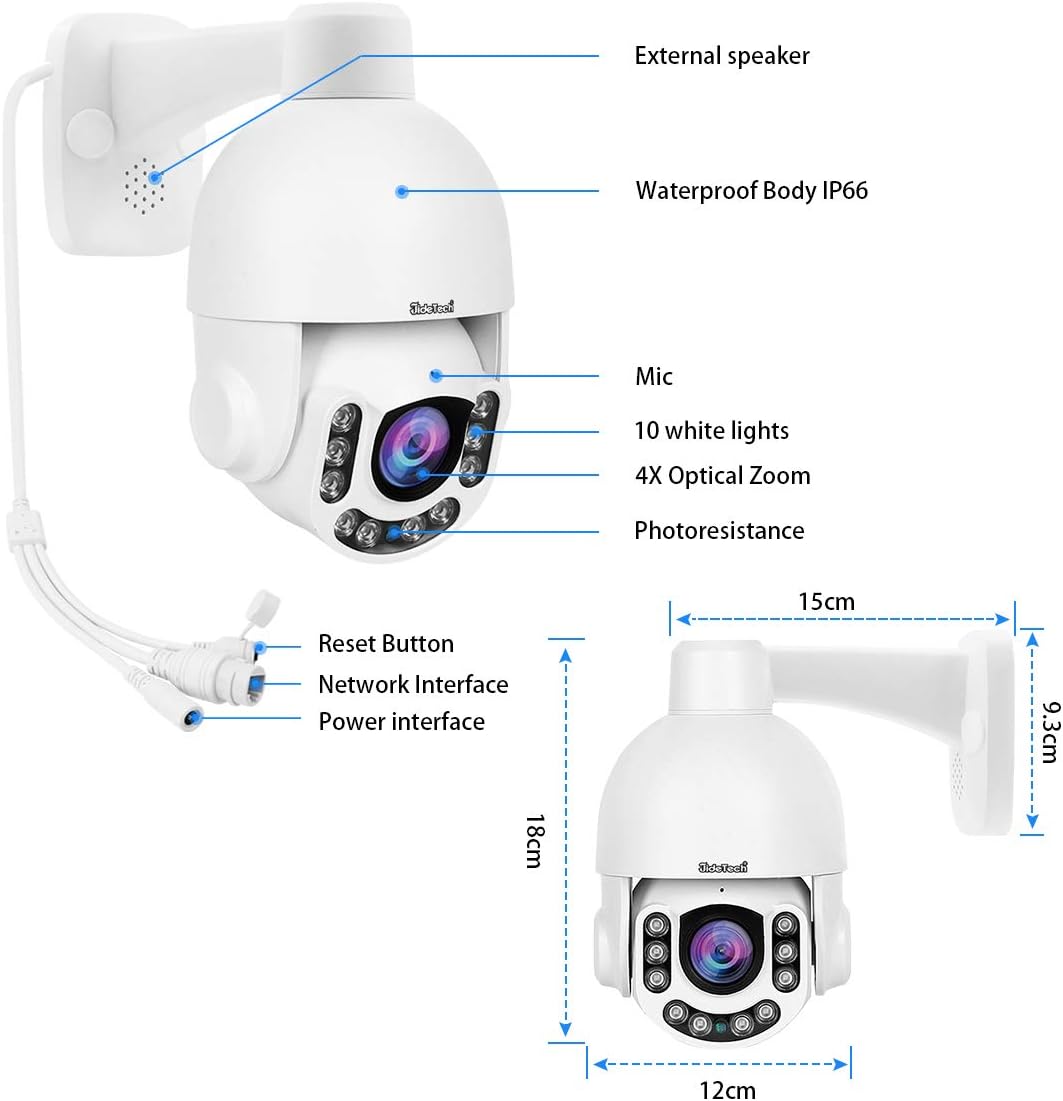 JideTech PTZ POE Camera Outdoor, HD 5MP Auto Tracking Security IP Camara with 4X Optical Zoom IR Night Vision Motion/Human Detection Built in Mic&Speaker IP66 Waterproof