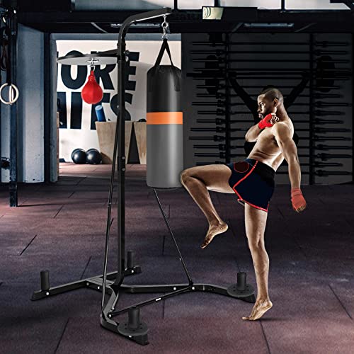 GYMAX Punching Bag with Stand Adult, Freestanding Boxing Machine with Height Adjustable Speed Ball & Sandbag, Pre Filled Heavy Punching Bag for Adults, Kickboxing Bag for Training MMA Muay Thai