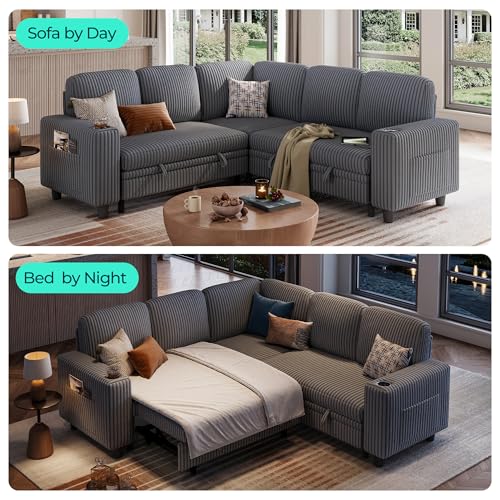 LINSY HOME Sectional Sleeper Sofa with Pull Out Couch Bed Convertible Plush Corduroy Cloud Couch with Storage Chaise & USB Charging, Comfy L Shaped Modular Couches for Living Room Apartment (Grey)