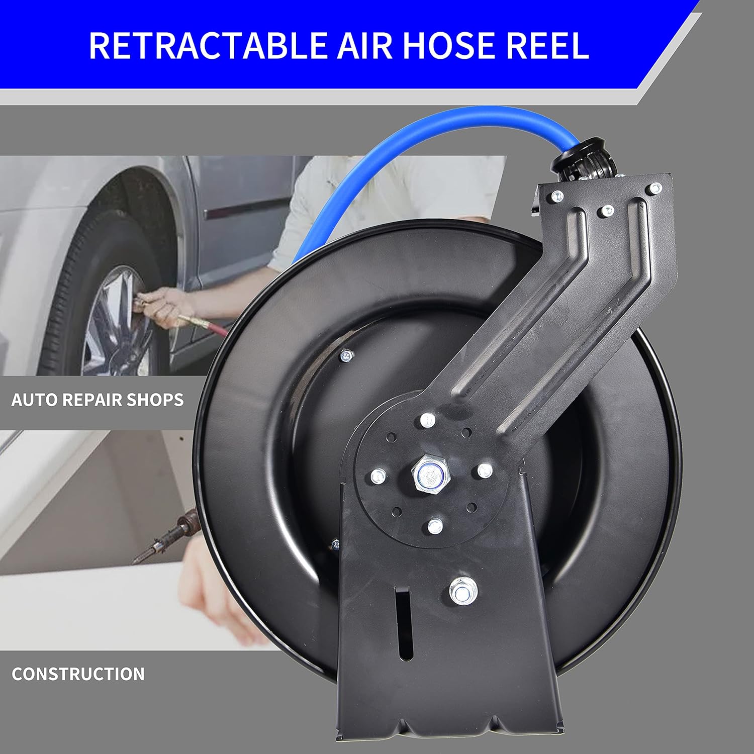 Aain AE39 Heavy Duty Air Hose Reel With 50FT Auto Rewind Preminium Retractable air hose,Steel Construction Industrial Air Hose Reel Wall Mount 3/8" Flexiable Hybrid Hose