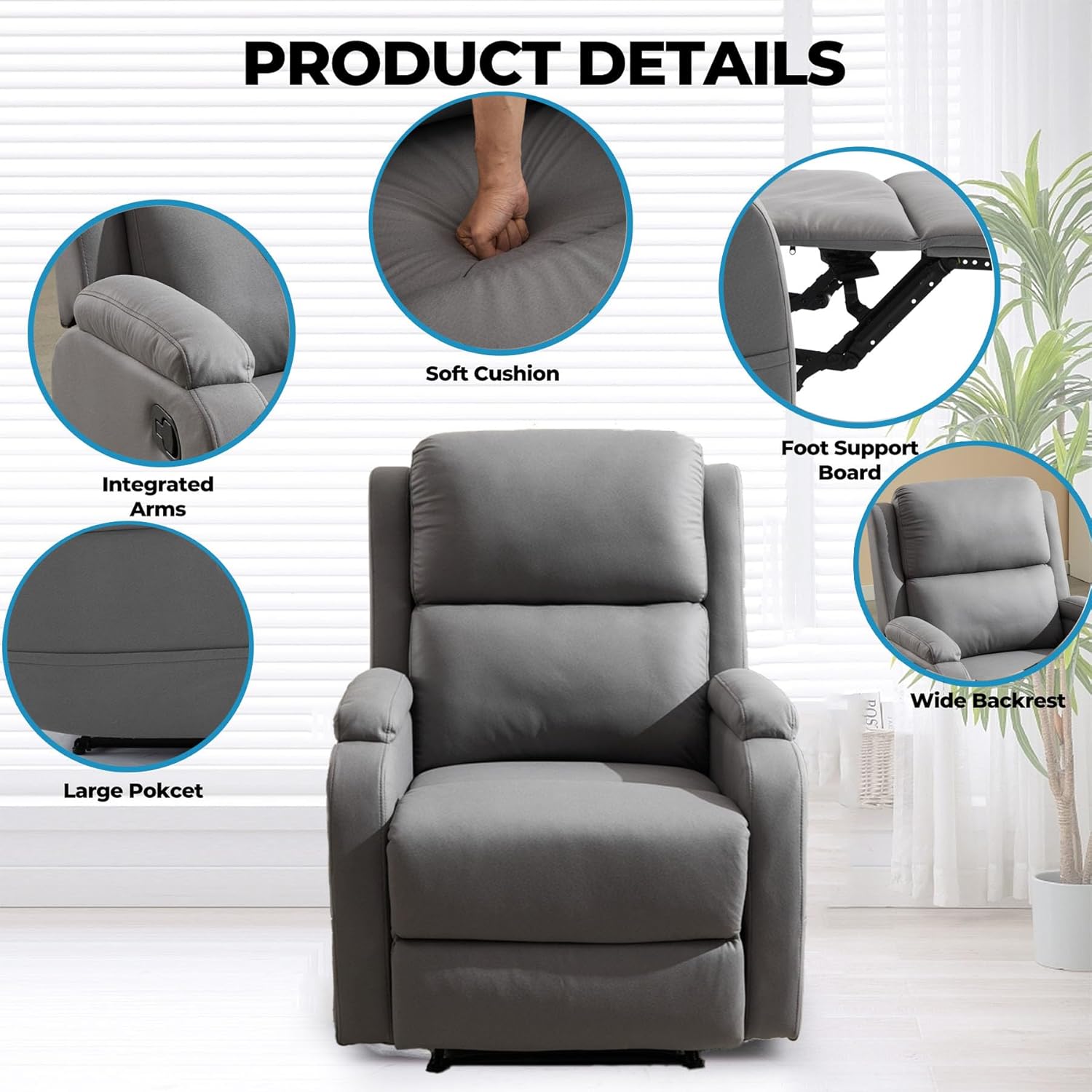 Lazy Boy Recliner Chairs for Adults,Leather Recliner Chair&Reclining Chair with Ajustable Backrest,Small Recliners for Small Spaces,Rocker Recliner&Lazy Boy Recliners,Manual,Havy Duty