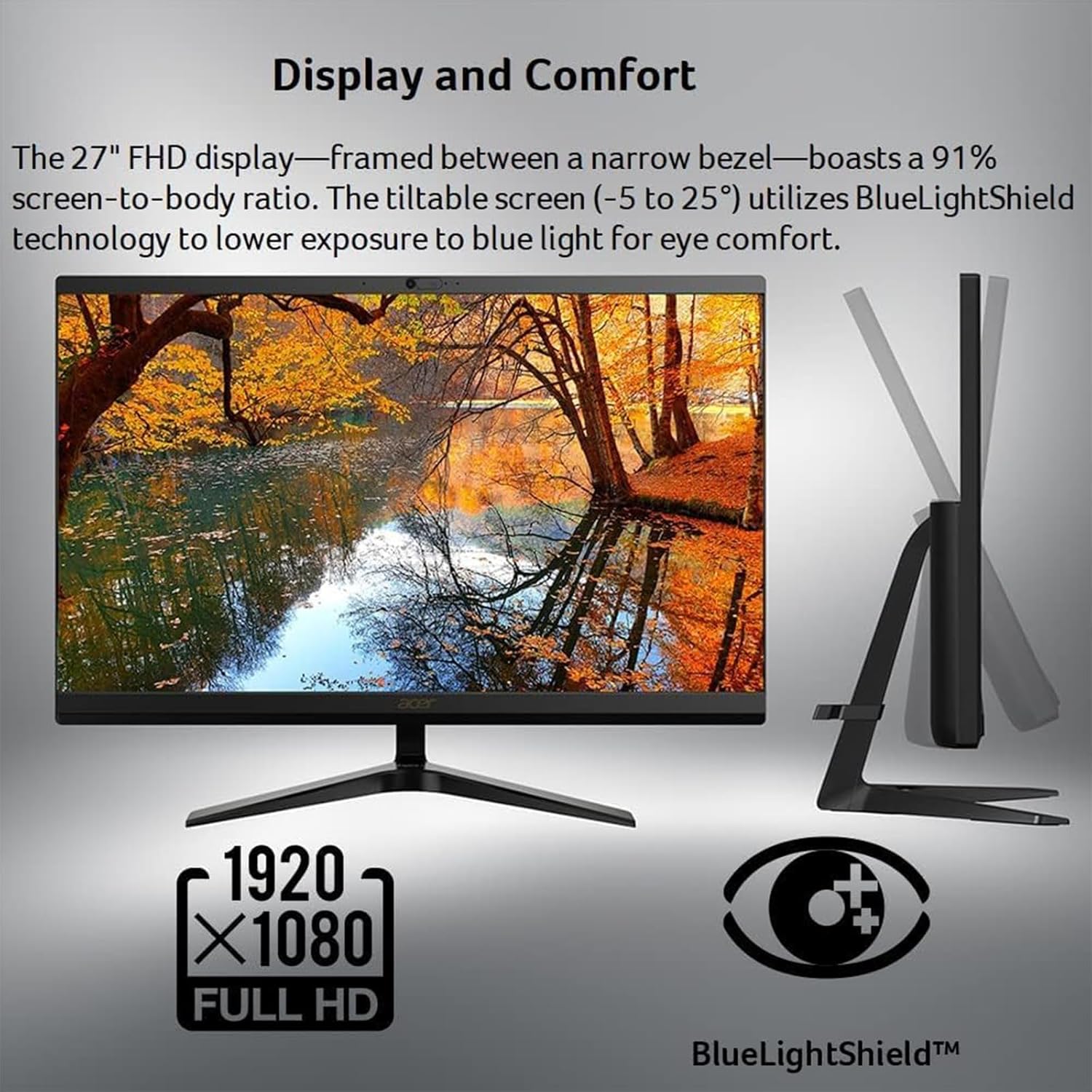 acer Aspire C27 All in One Desktop | 27-inch FHD IPS Display | 12th Gen Intel 4-Core Processor | 32GB RAM | 1TB SSD | Wi-Fi 6 | Webcam | HDMI | Wireless Mouse & Keyboard | Windows 11, Black