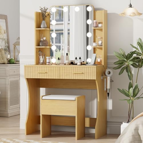 Vanity Desk with LED Lighted Mirror, Makeup Vanity with 3 Adjustable Lights, 2 Large Drawers and 4 Open Shelves, White Vanity with Storage Stool for Bedroom
