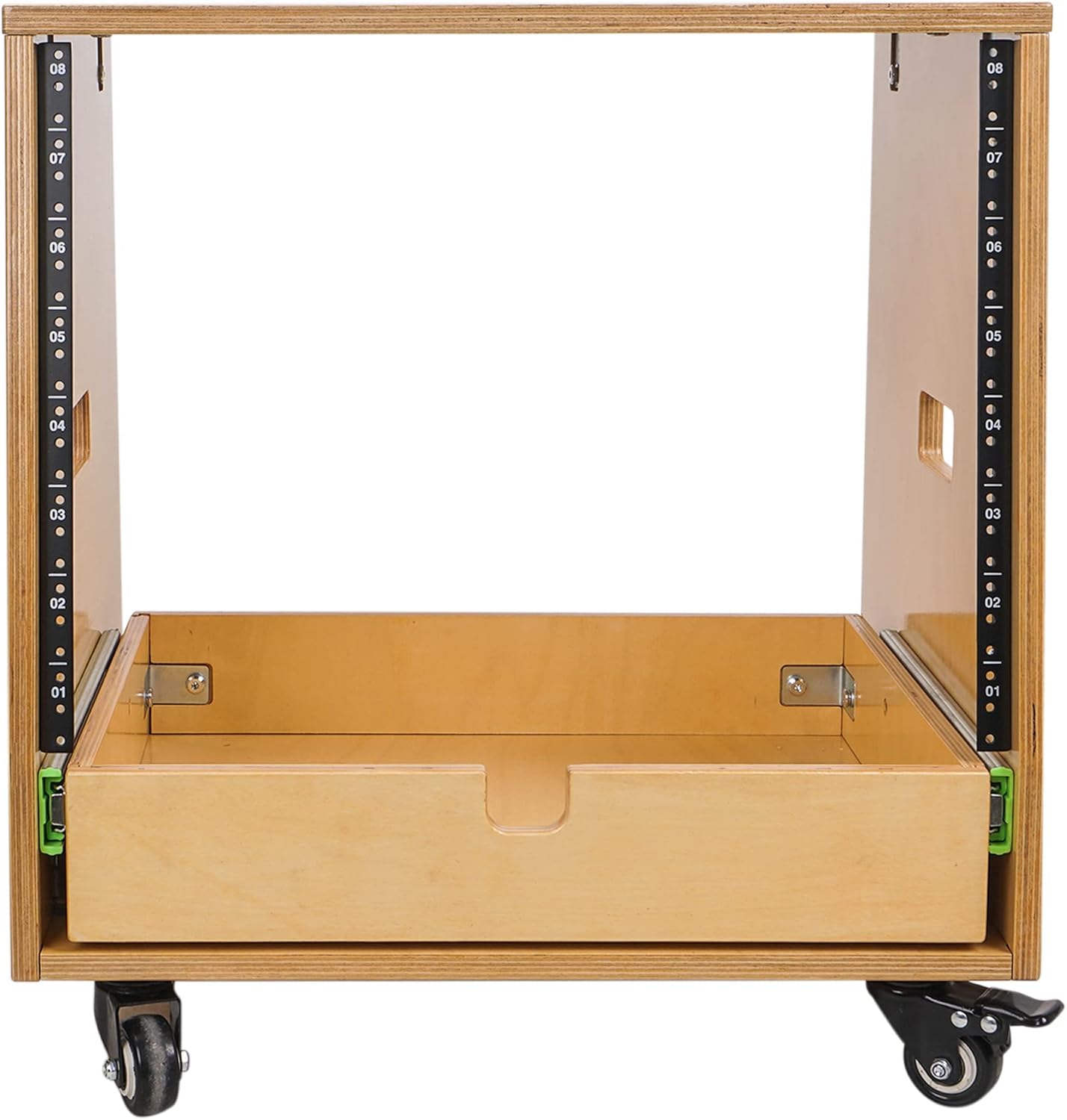 Sound Town 12U DIY Slanted Studio Rack with 12U Rack Space, Extra 2U Drawer, Plywood, Rubber Feet, Casters, Weathered Gray (SDRK-12TBD2)